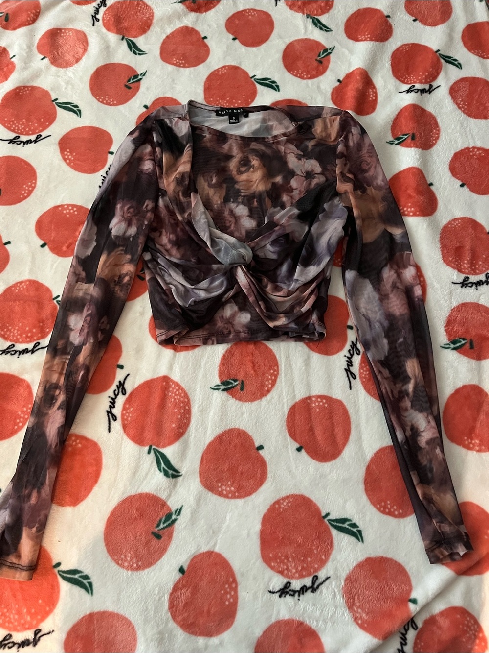 Fashion Nova Brown Floral Sheer Twist-Front Long Sleeve Crop Top